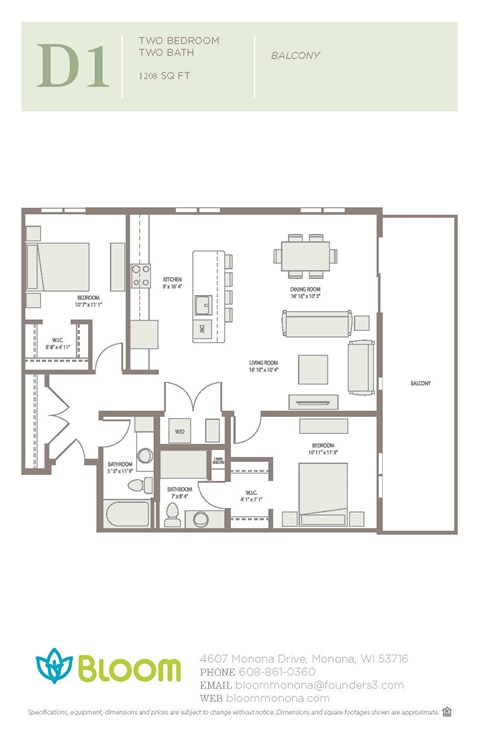 Floor plan for 2 beds, 2 baths, 1208 sqft
