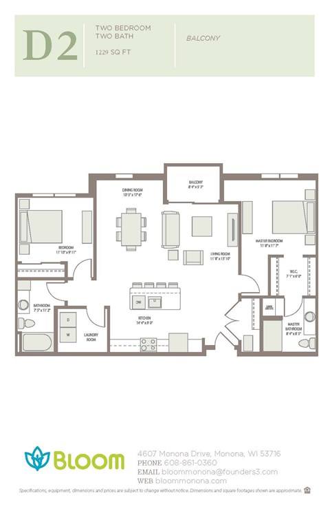 Floor plan for 2 beds, 2 baths, 1229 sqft