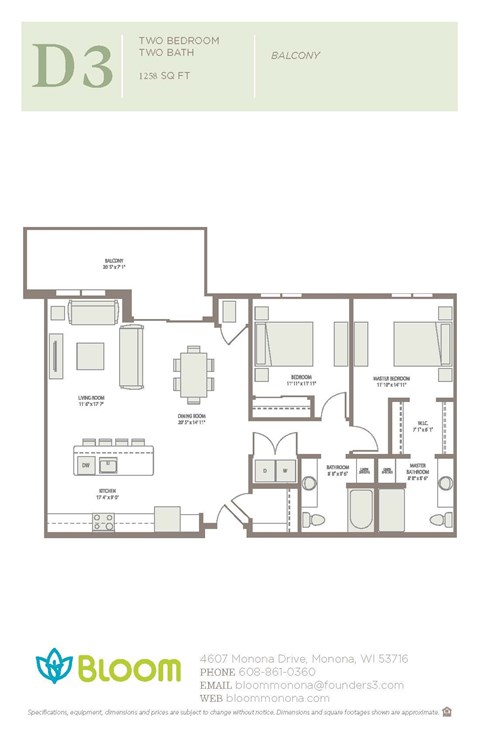 Floor plan for 2 beds, 2 baths, 1258 sqft