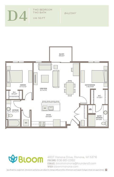 Floor plan for 2 beds, 2 baths, 1181 sqft
