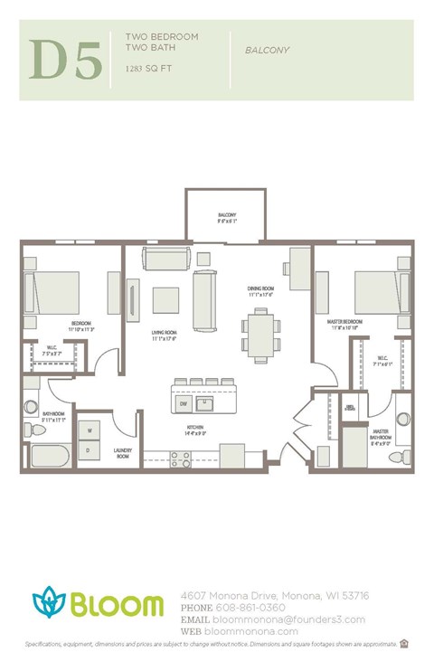 Floor plan for 2 beds, 2 baths, 1283 sqft