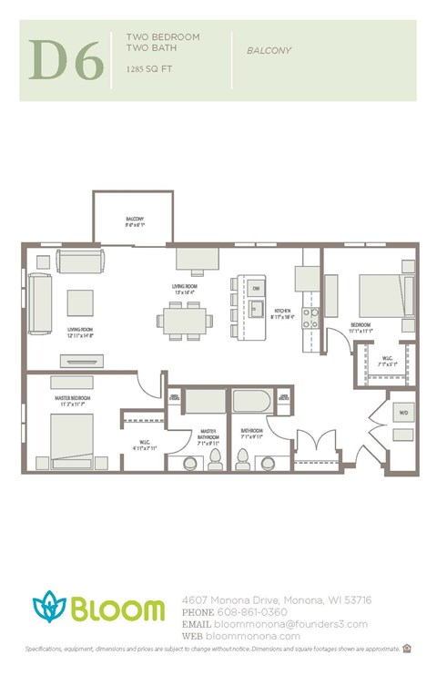 Floor plan for 2 beds, 2 baths, 1285 sqft