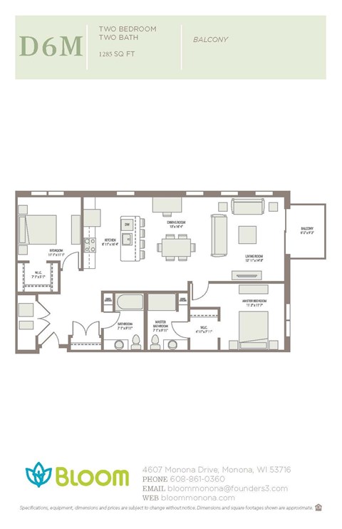 Floor plan for 2 beds, 2 baths, 1285 sqft