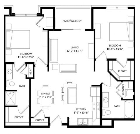 Floor plan for 2 beds, 2 baths, 1097 sqft