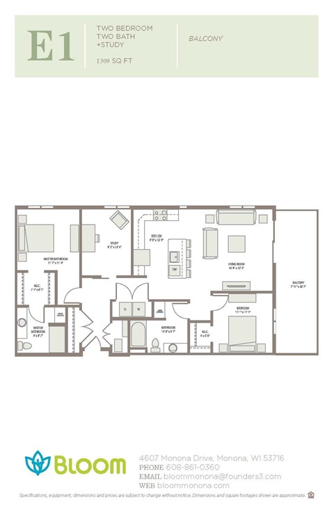 Floor plan for 2 beds, 2 baths, 1309 sqft