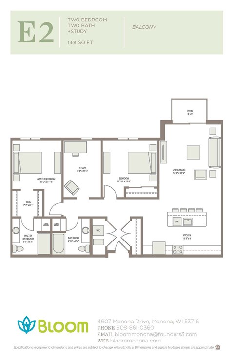 Floor plan for 2 beds, 2 baths, 1401 sqft