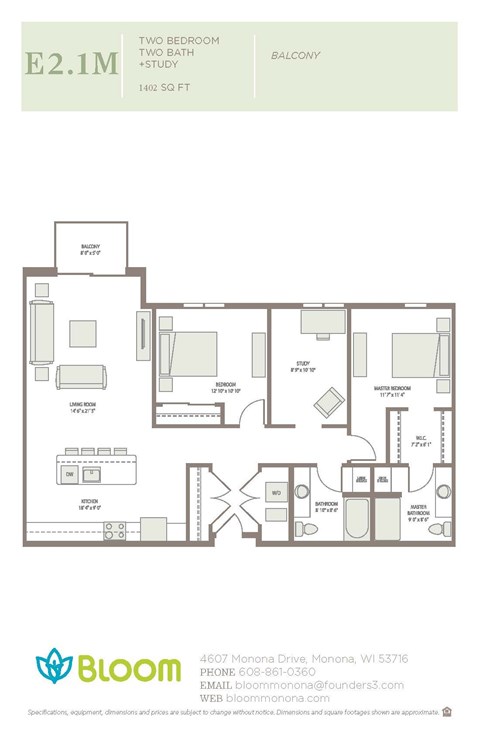 Floor plan for 2 beds, 2 baths, 1402 sqft