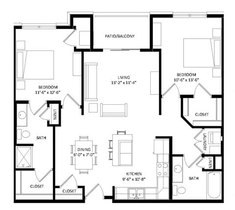Floor plan for 2 beds, 2 baths, 1138 sqft