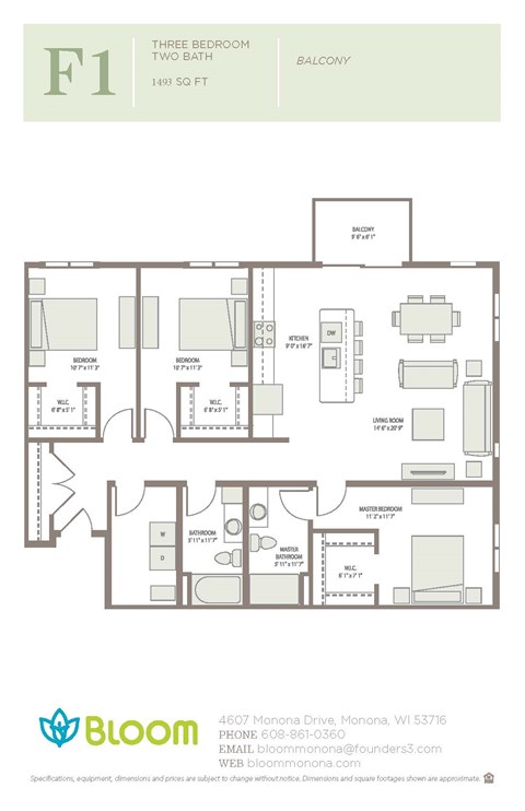 Floor plan for 3 beds, 2 baths, 1493 sqft