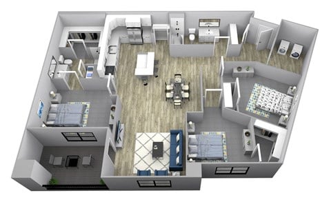 Floor plan for 3 beds, 2 baths, 1401 sqft