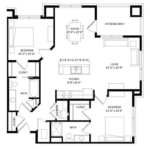 Floor plan for 2 beds, 2 baths, 1161 sqft