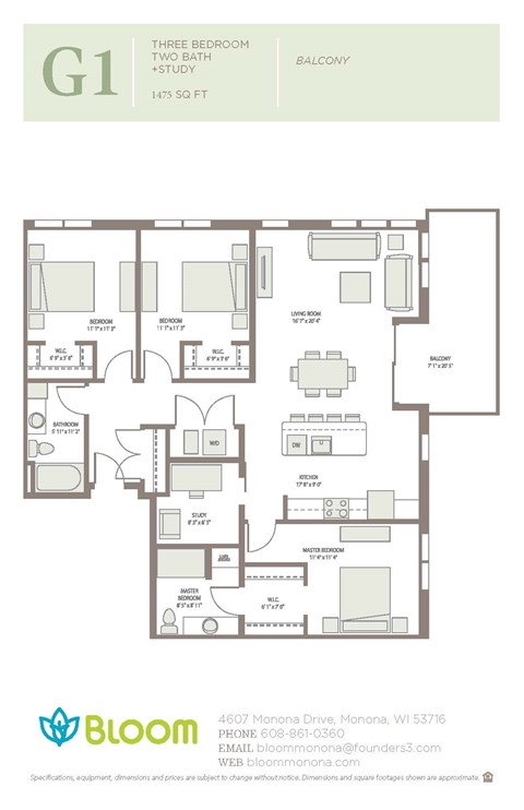 Floor plan for 3 beds, 2 baths, 1475 sqft