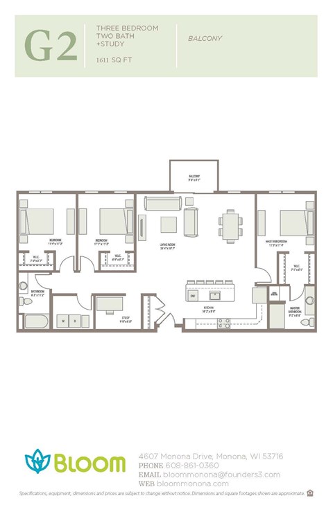 Floor plan for 3 beds, 2 baths, 1611 sqft