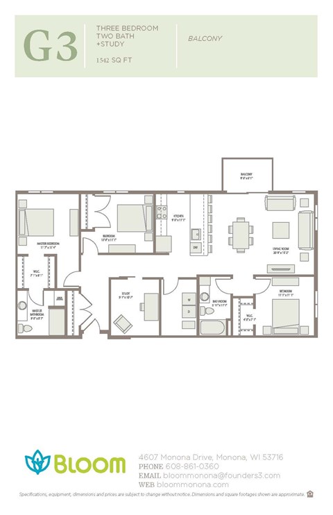 Floor plan for 3 beds, 2 baths, 1542 sqft