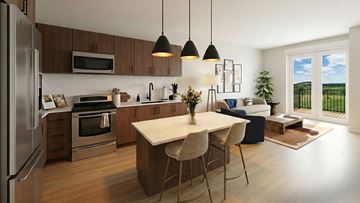 Pleasant Prairie apartment for rent - A modern kitchen with a dining table and chairs.