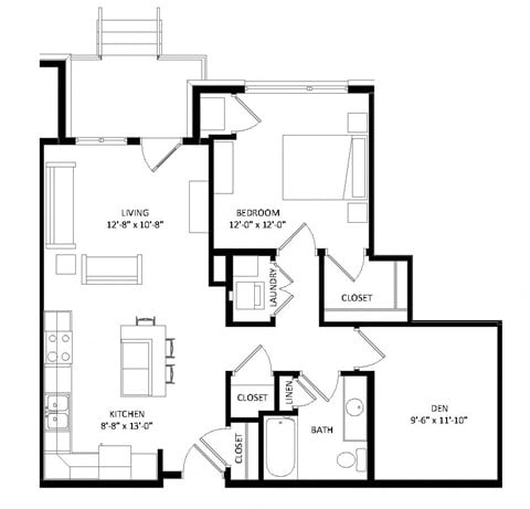 Floor plan for 1 bed, 1 bath, 910 sqft