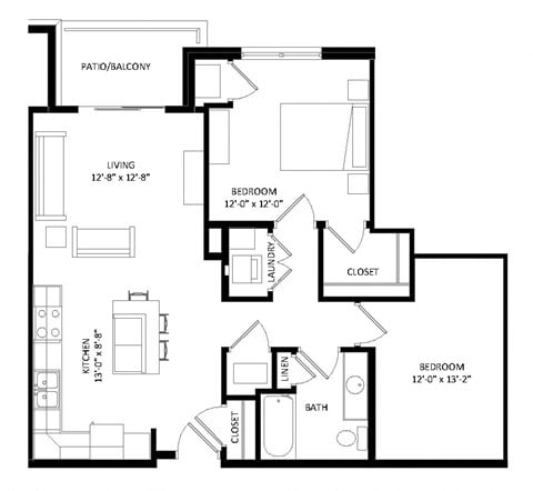 Floor plan for 1 bed, 1 bath, 932 sqft