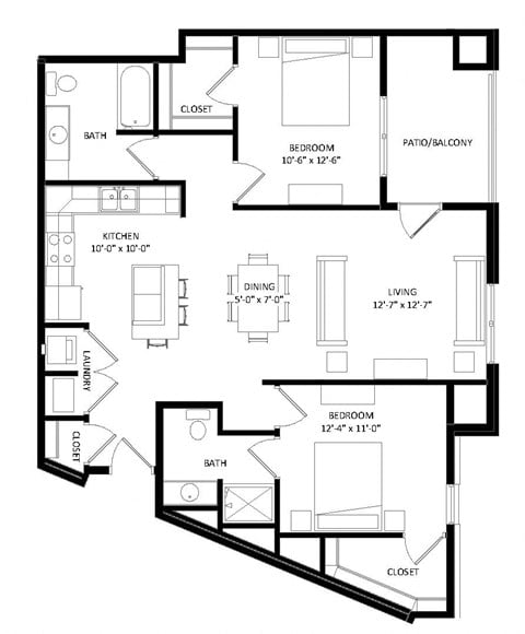 Floor plan for 2 beds, 2 baths, 1154 sqft
