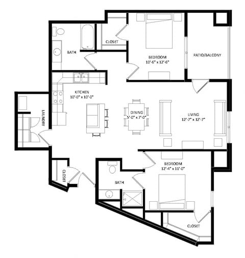 Floor plan for 2 beds, 2 baths, 1216 sqft