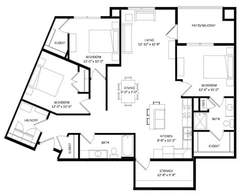 Floor plan for 3 beds, 2 baths, 1485 sqft