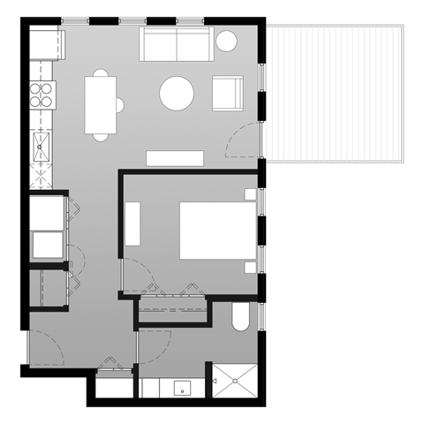 Floor plan for 1 bed, 1 bath, 710 sqft