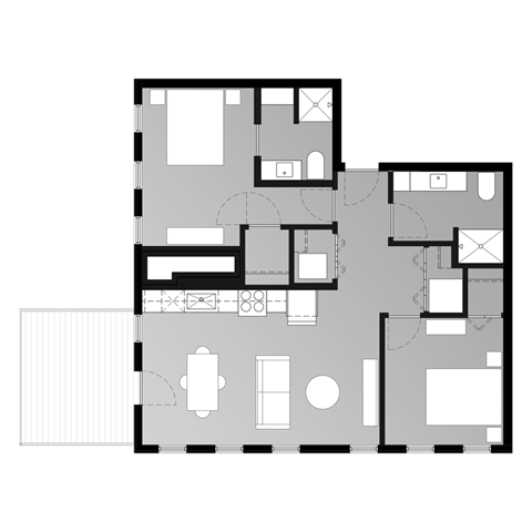 Floor plan for 2 beds, 2 baths, 1000 sqft