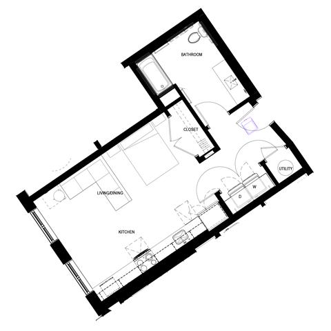 Floor plan for studio, 1 bath, 566 sqft