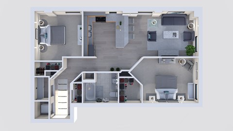 Floor plan for 2 beds, 1 bath, 983 sqft