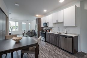 Milwaukee apartment for rent - A modern kitchen with a wooden table and chairs.