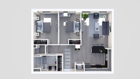 Floor plan for 2 beds, 1 bath, 929 sqft
