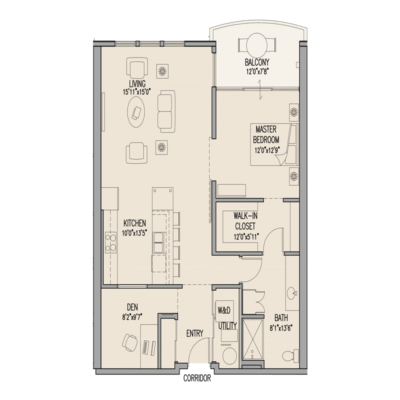 Floor plan for 1 bed, 1 bath, 1070 sqft
