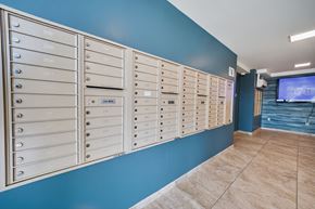 Dorchester apartment for rent - A row of mailboxes are lined up against a blue wall.