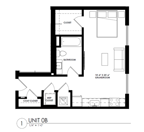 Floor plan for studio, 1 bath