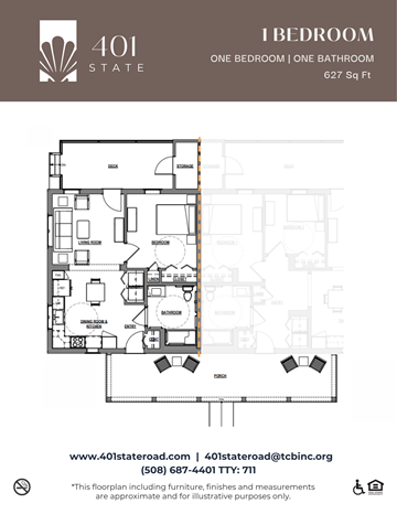 West Tisbury apartment for rent - A floor plan for a 1 bedroom apartment sized at 627 square feet.