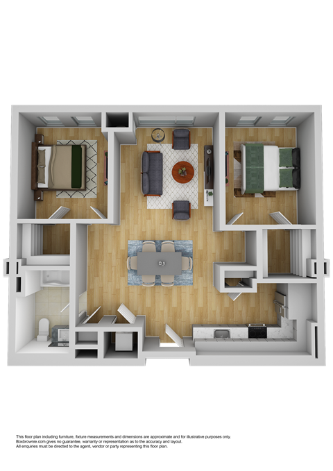 Floor plan for 2 beds, 1 bath, 946 sqft