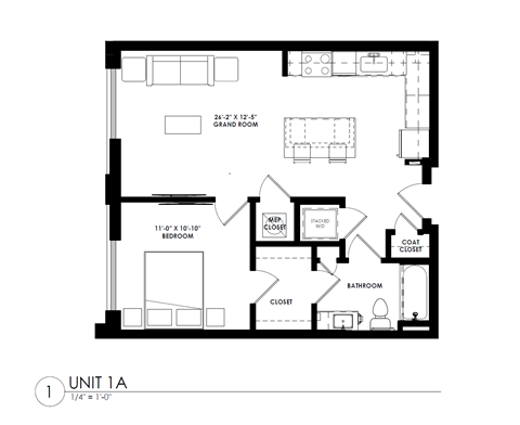 Floor plan for 1 bed, 1 bath, 701 sqft