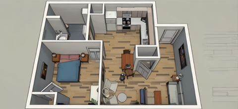 Floor plan for 1 bed, 1 bath, 675 sqft