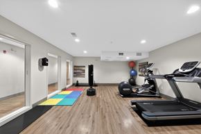 Cincinnati apartment for rent - A gym with a treadmill, exercise balls, and a yoga mat.