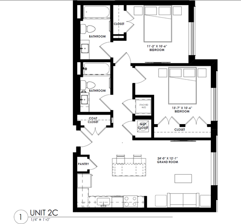 Floor plan for 2 beds, 2 baths, 978 sqft