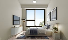 Chicago apartment for rent - a rendering of a bedroom with a bed and a window