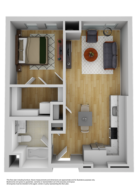 Floor plan for 1 bed, 1 bath, 636 sqft