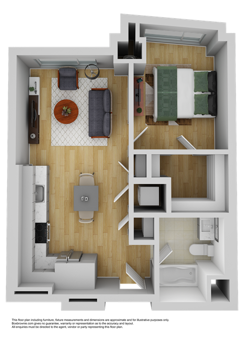 Floor plan for 1 bed, 1 bath, 627 sqft