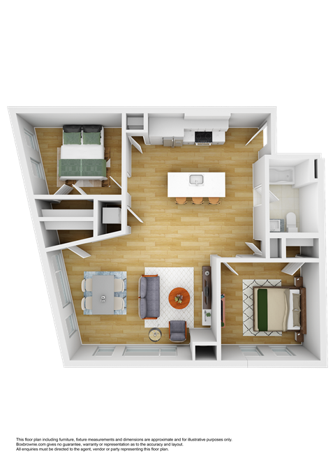 Floor plan for 2 beds, 1 bath, 1051 sqft