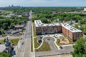 Cleveland apartment for rent - an aerial view of a large building on a city street