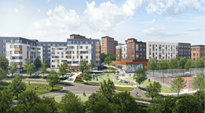 Boston apartment for rent - A large building complex with a playground in front.