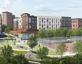 Boston apartment for rent - A playground with a basketball court and a mural on a building.