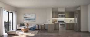 Chicago apartment for rent - a rendering of a living room and kitchen in an apartment