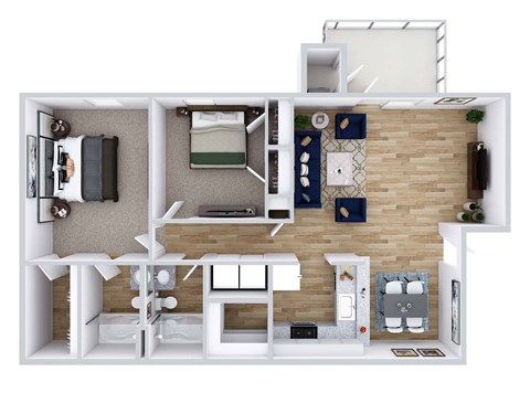 Floor plan for 2 beds, 2 baths, 1077 sqft