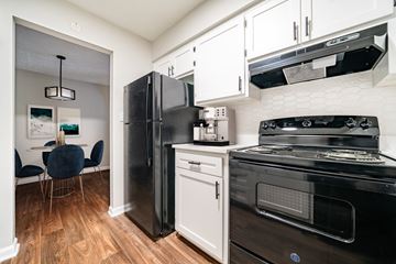 Stone Mountain apartment for rent - A black refrigerator sits next to a black stove in a kitchen.