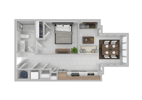 Floor plan for 1 bed, 1 bath, 589 sqft
